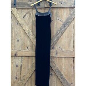 Vintage 90s Y2K JUMP Glitter Spaghetti Strap Velvet Maxi Party Black Dress 3/4